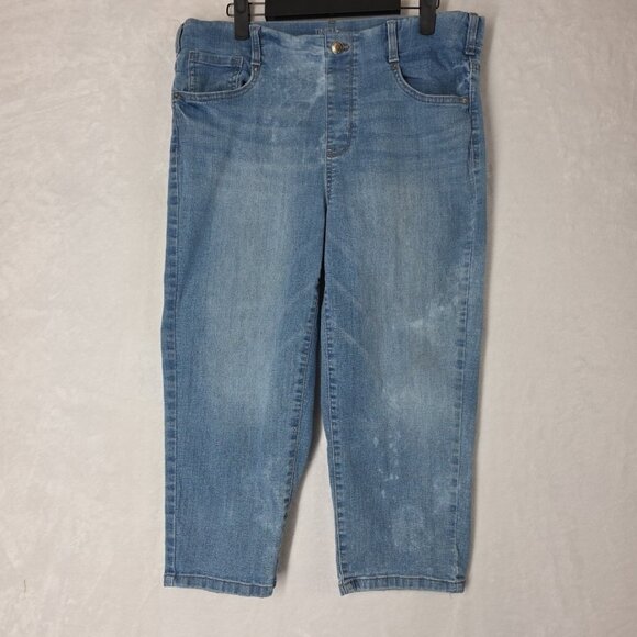 Time and Tru Womens Sz L 12-14 Med Wash Elastic Waist Pull On Denim Capris READ - Picture 1 of 12